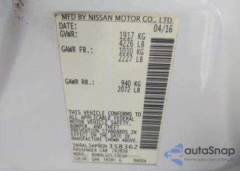 2016 Nissan Altima 2.5/2.5 S/2.5 Sl/2.5 Sr/2.5 Sv z USA, uszkodzony, nr VIN 1N4AL3AP8GN358362